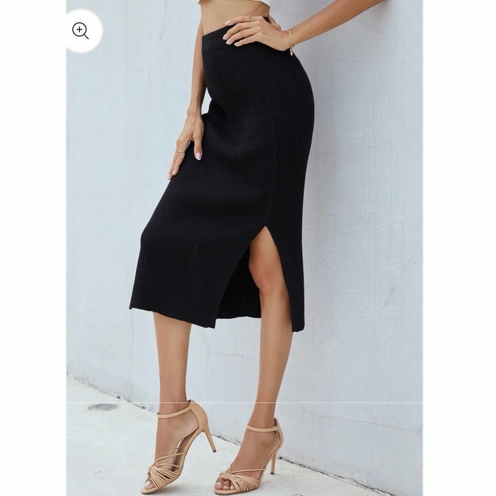 Stillwater Black Ribbed Knit Midi Skirt Side Slit Stretch Modal Size Small